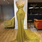 Robe de soirée sexy en tulle à une épaule, magnifique robe de soirée à paillettes brillantes, longue fente traînante, jaune vert, nv3259