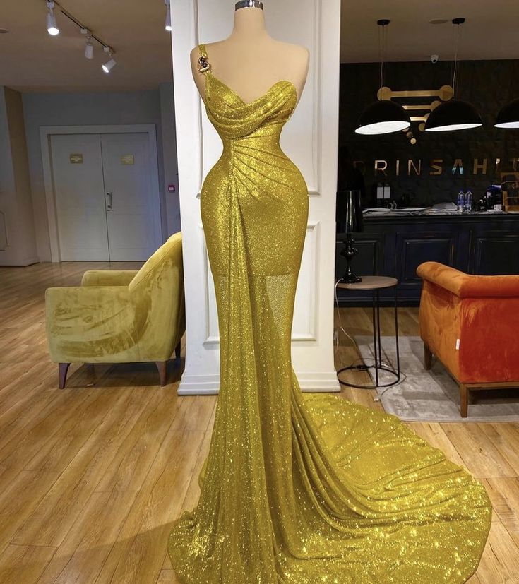 Robe de soirée sexy en tulle à une épaule, magnifique robe de soirée à paillettes brillantes, longue fente traînante, jaune vert, nv3259