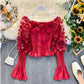 Blue/pink/red/white sweet bow strapless exquisite flower puff sleeve shirt ladies tops 1