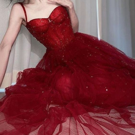 Red spaghetti strap long shiny sequins elegant ball gown evening dress party dress nv3058