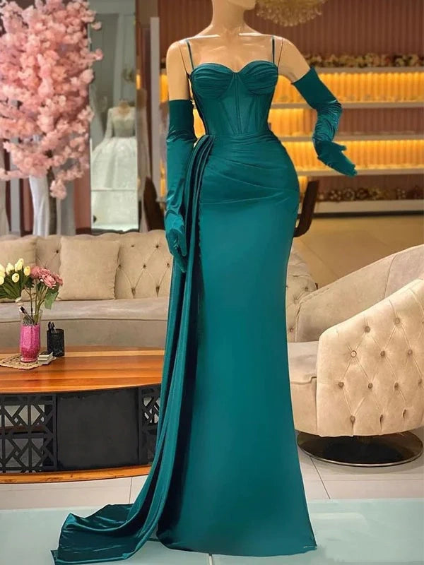 Dark Green Elegant Mermaid Long Spaghetti Strap Ball Gown with Ruffles nv1980