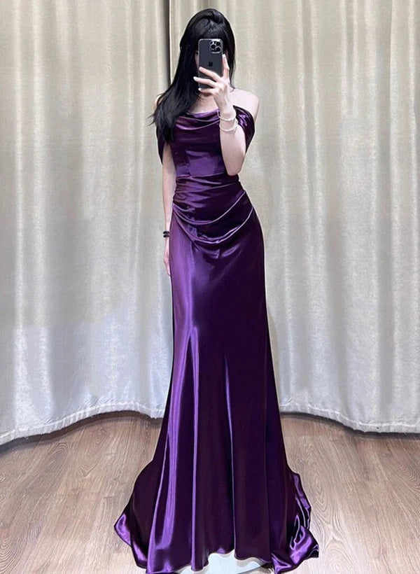 Purple Off Shoulder Mermaid Satin Long Ball Gown Evening Dress nv1997