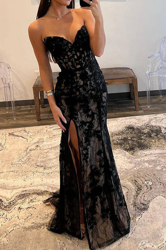 Mermaid Sweetheart Black Corset Prom Dress with Appliques nv1629