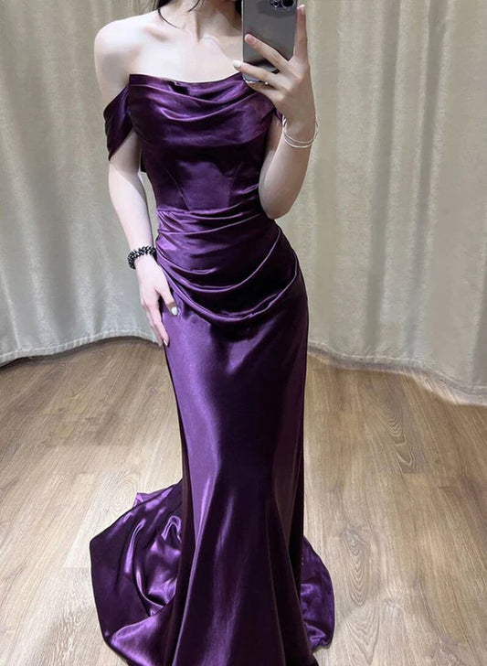 Purple Off Shoulder Mermaid Satin Long Ball Gown Evening Dress nv1997