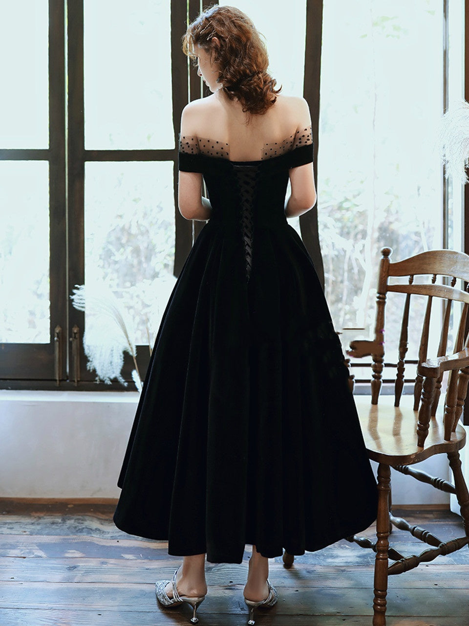 A-line Black Velvet Off-the-shoulder Short Prom Gown Evening Dress Party Dress nv2268