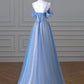 Blue tulle sequined spaghetti strap beaded A-line ball gown evening dress nv1908