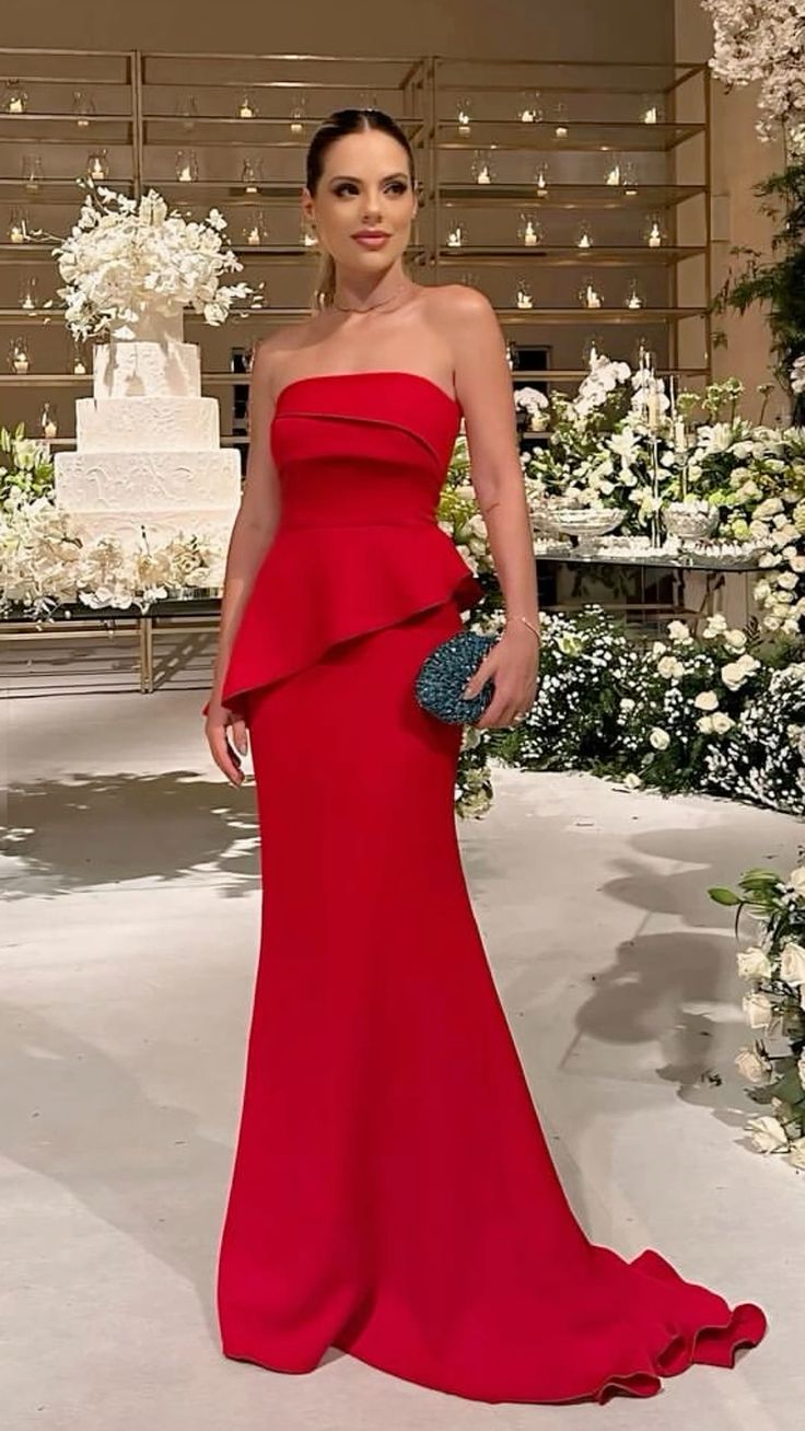 Red elegant fashion tube top off shoulder ruffles decoration long ball gown evening dress party dress nv2463