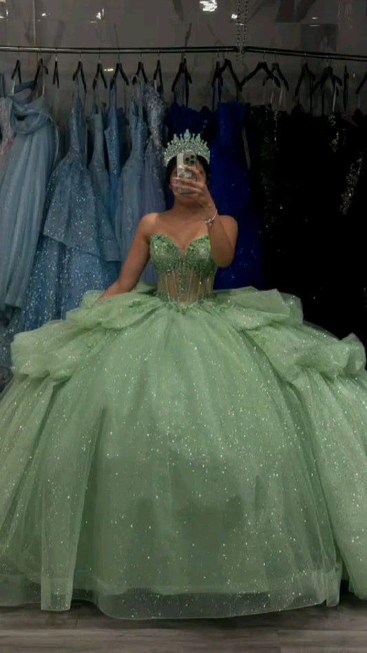 Sage Green Sparkling Luxury Quinceanera Dress Off Shoulder Ball Gown Prom Dress Ball Gown nv2661