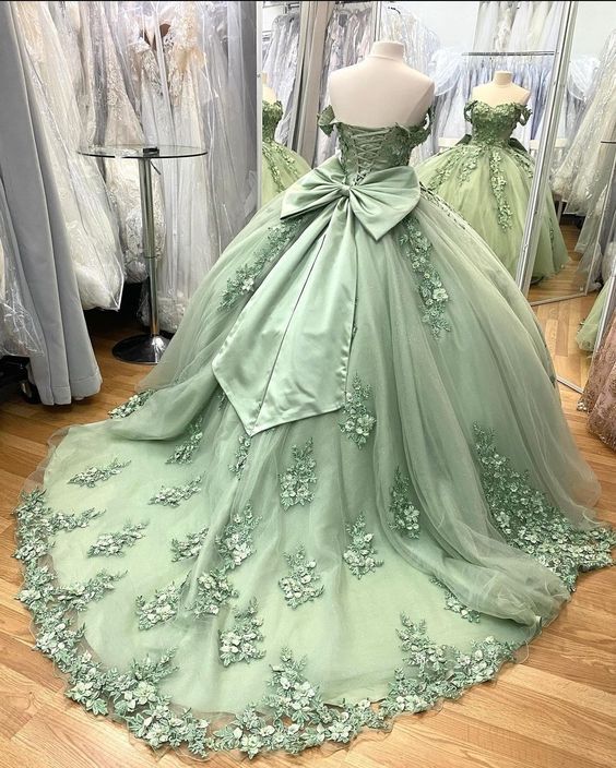 Green elegant sweet lace bow back strapless long tulle ball gown evening dress adult ceremony dress birthday party dress nv3237