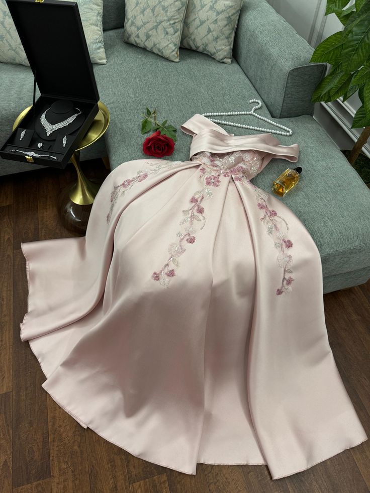 Pink Satin Embroidered Beaded Long Off Shoulder Short Sleeve Prom Dress Evening Dress Graduation Dress nv3000