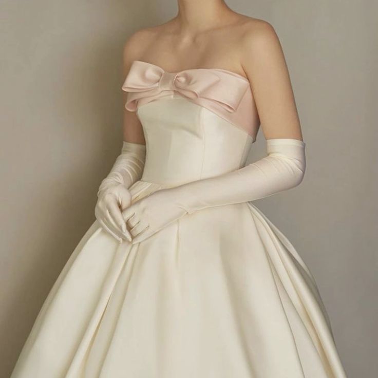 White Pink/White Bow Trim Long Satin Ball Gown Evening Dress Holiday Party Dress with Gloves nv3093