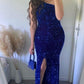 Blue shiny sequin one shoulder long slit ball gown evening dress party dress nv3191