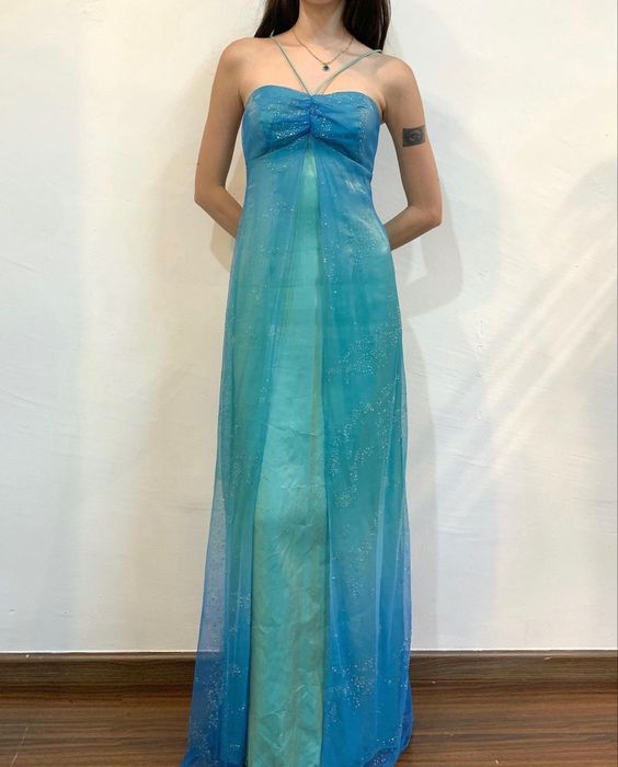 Blue shiny gradient retro elegant simple suspender long ball gown evening dress nv2761