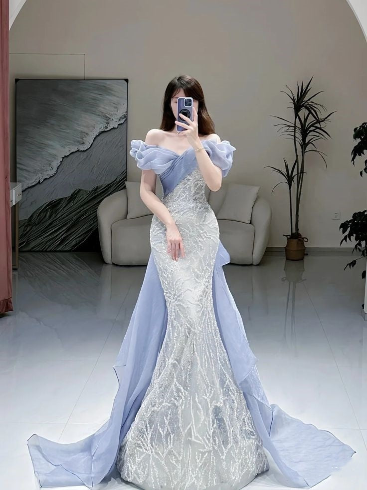 Robe de soirée longue élégante en dentelle à paillettes bleues brillantes nv3249