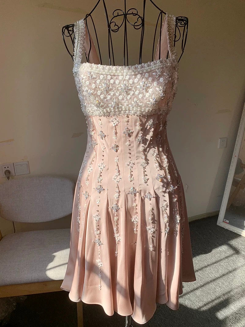 Pink stylish elegant shoulder strap exquisite handmade beaded long/Short satin floor-length prom dress, evening dress, party dress, homecoming dress nv3693