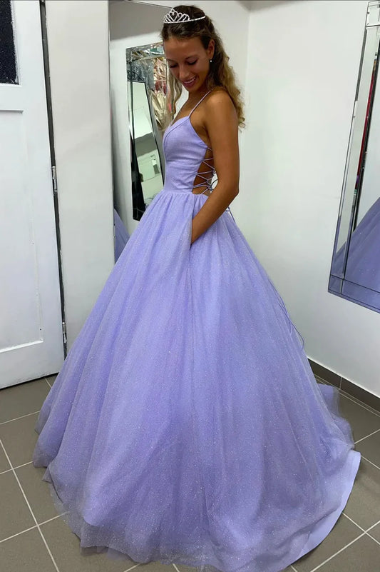 Purple Tulle Long A-Line Prom Dress, Purple Backless Evening Dress nv1444