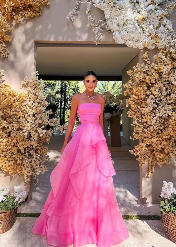 Pink Simple Elegant Off Shoulder Tulle A-Line Maxi Formal Prom Gown Evening Gown Party Dress nv2569