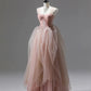 A-Line Pink Sweet Cute Corset Long Tulle Ball Gown Evening Dress with Ruffles Elegant nv2724