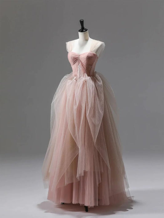 A-Line Pink Sweet Cute Corset Long Tulle Ball Gown Evening Dress with Ruffles Elegant nv2724