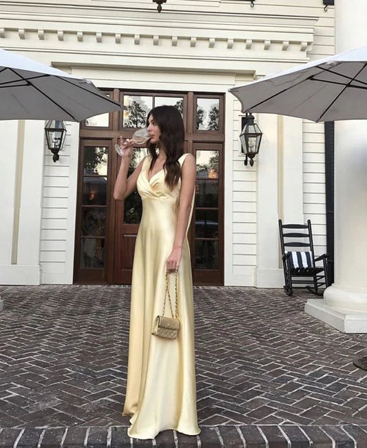 Light Yellow Simple V-neck A-line Satin Long Prom Dress Banquet Dress Evening Dress Party Dress nv2500