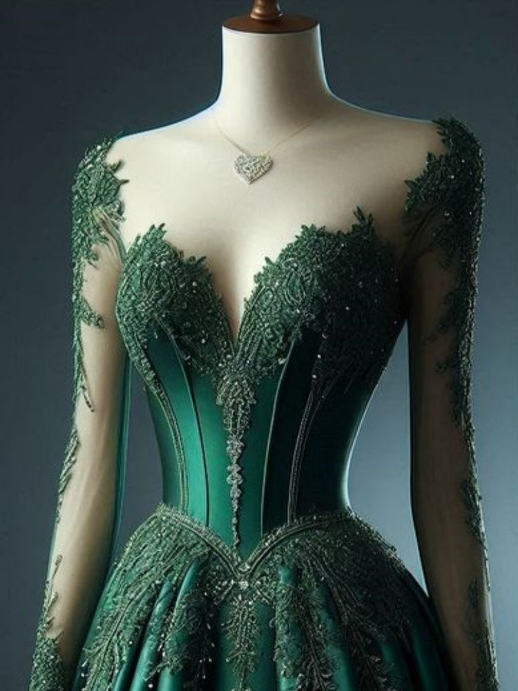 Green gorgeous exquisite beaded lace sweetheart neckline long satin elegant ball gown evening dress nv3393