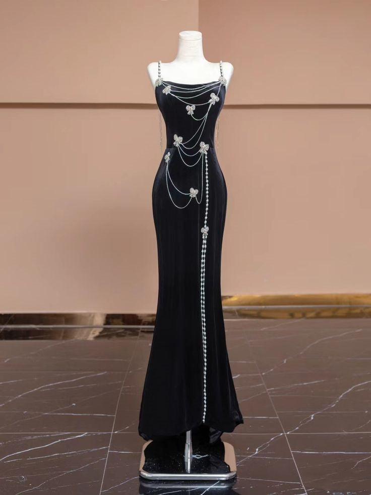 Black spaghetti strap butterfly chain long ball gown evening dress nv2950