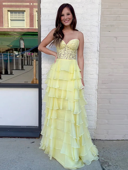 Yellow Sweetheart Neck Chiffon Lace Long Prom Dress, Yellow Formal Dress nv1521