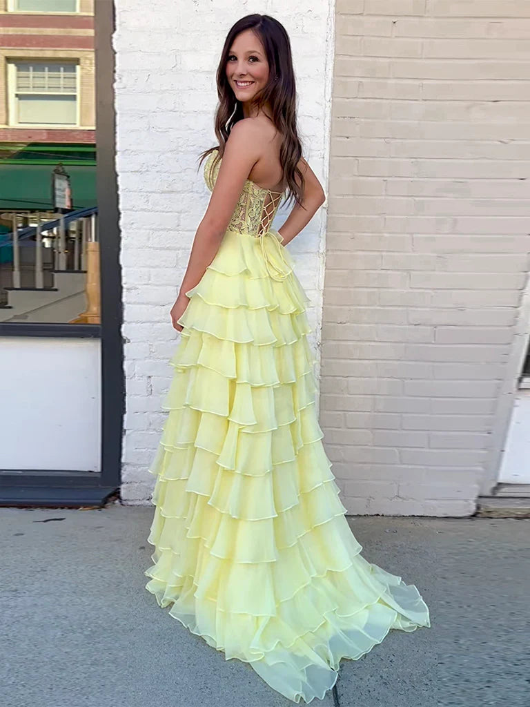 Yellow Sweetheart Neck Chiffon Lace Long Prom Dress, Yellow Formal Dress nv1521