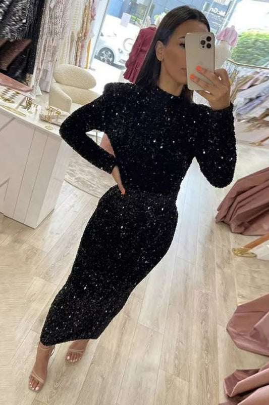 Black shiny sequins long sleeves prom dress evening dress party dress nv3193