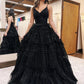 Unique V Neck Tulle Sequin Black Long Prom Dress, Tulle Long Evening Dress nv1519