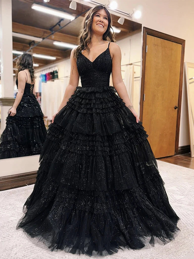 Unique V Neck Tulle Sequin Black Long Prom Dress, Tulle Long Evening Dress nv1519