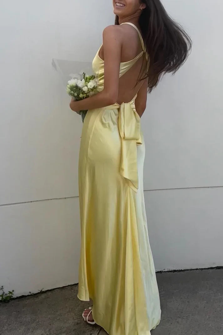 Yellow V-neck backless fashion elegant long satin ball gown evening dress wedding guest party dress nv2013