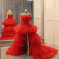 Red fashion unique tube top tulle long layered ball gown evening dress skirt short front long back maxi dress nv2722