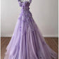 Robe de soirée longue élégante en tulle rose/violet/rouge à fleurs exquises et à épaules dénudées nv3306