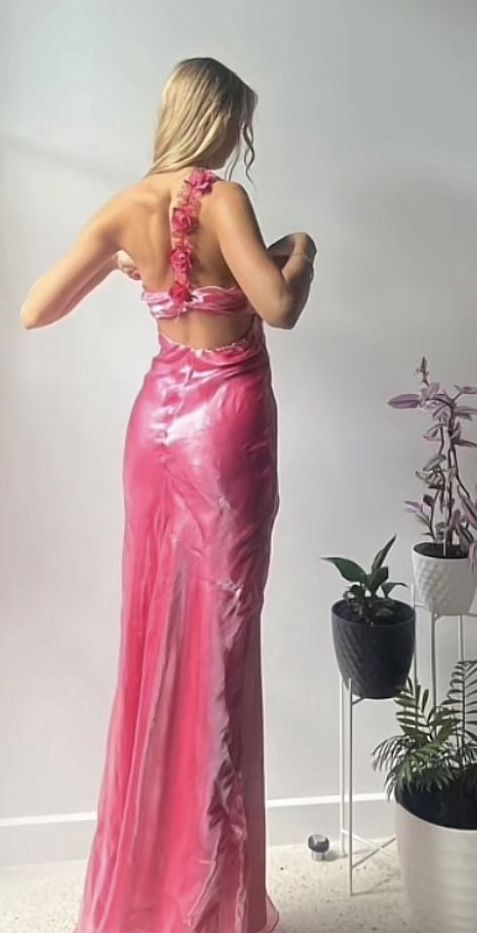 Hot pink one shoulder three-dimensional flower decoration shoulder strap long banquet dress evening dress nv2916