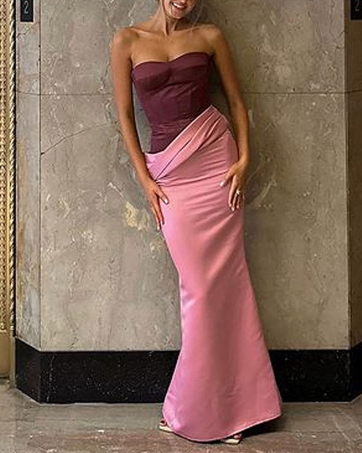 Pink solid color off-shoulder stitching long ball gown evening dress nv2918