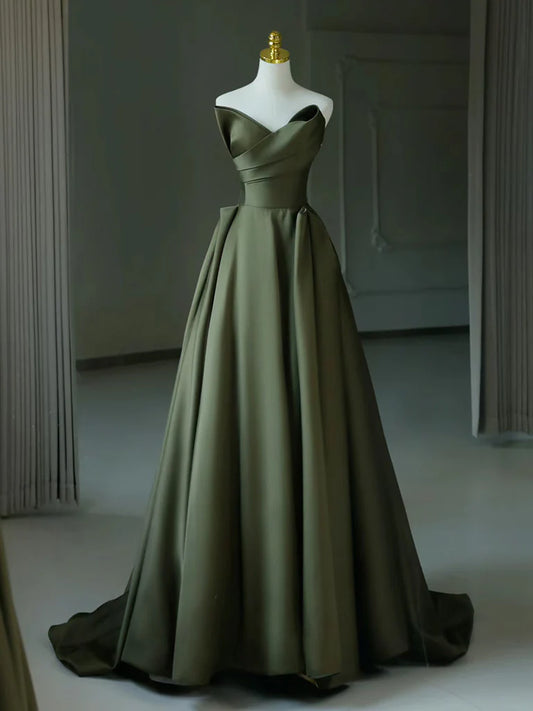 A-Line V Neck Satin Green Long Prom Dress, Green Long Evening Dress nv1604