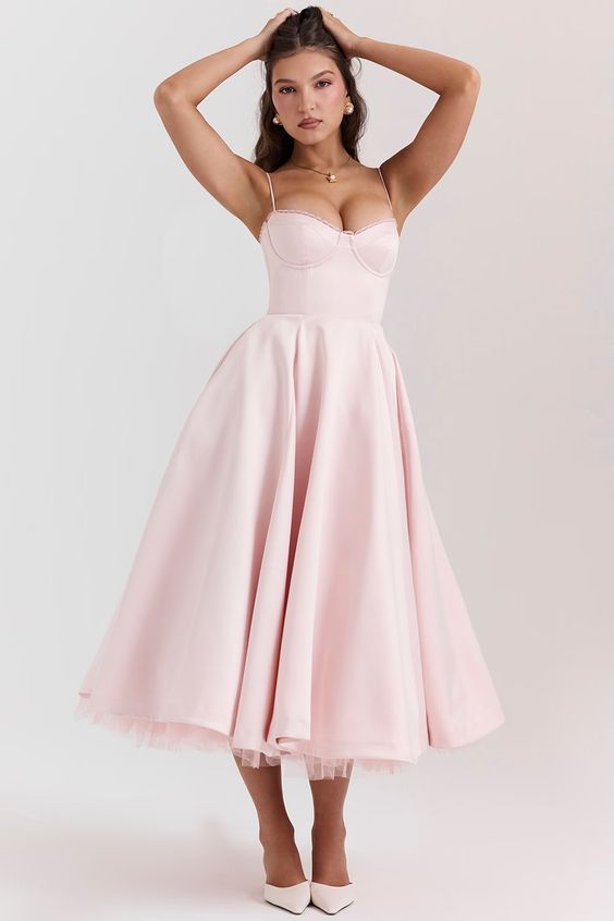 Pink Elegant Sleeveless V Neck Tulle Lined Midi Gown Ball Gown Evening Dress nv1891