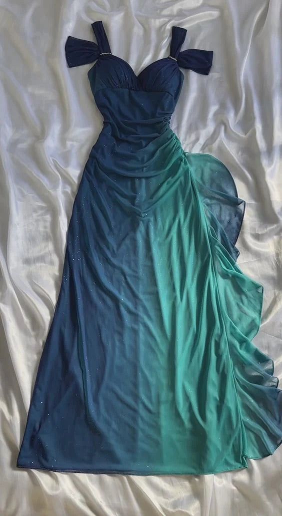 Robe de soirée longue en tulle vert brillant à volants et dégradé élégant nv3316