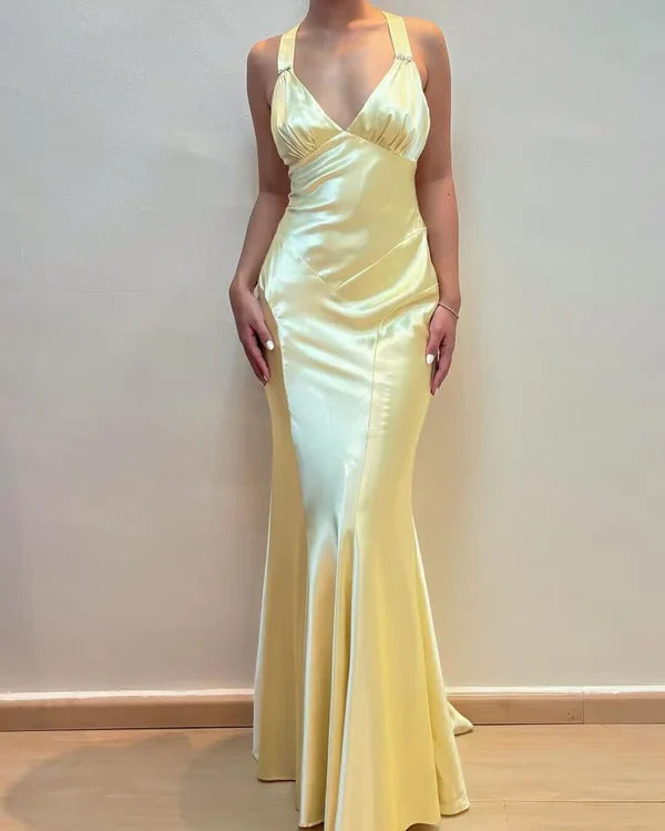 Light Yellow V Neck Vintage Mermaid Long Party Dress Prom Gown Evening Dress nv1945