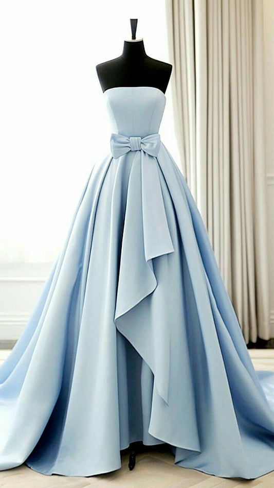 Blue tube top elegant satin long bow ball gown evening gown graduation gown adult ceremony gown nv3188