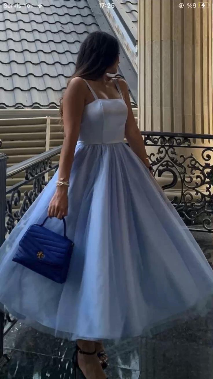 Blue straps fashion sweet mid-length tulle homecoming dress prom dress evening dress birthday holiday party dress nv3197