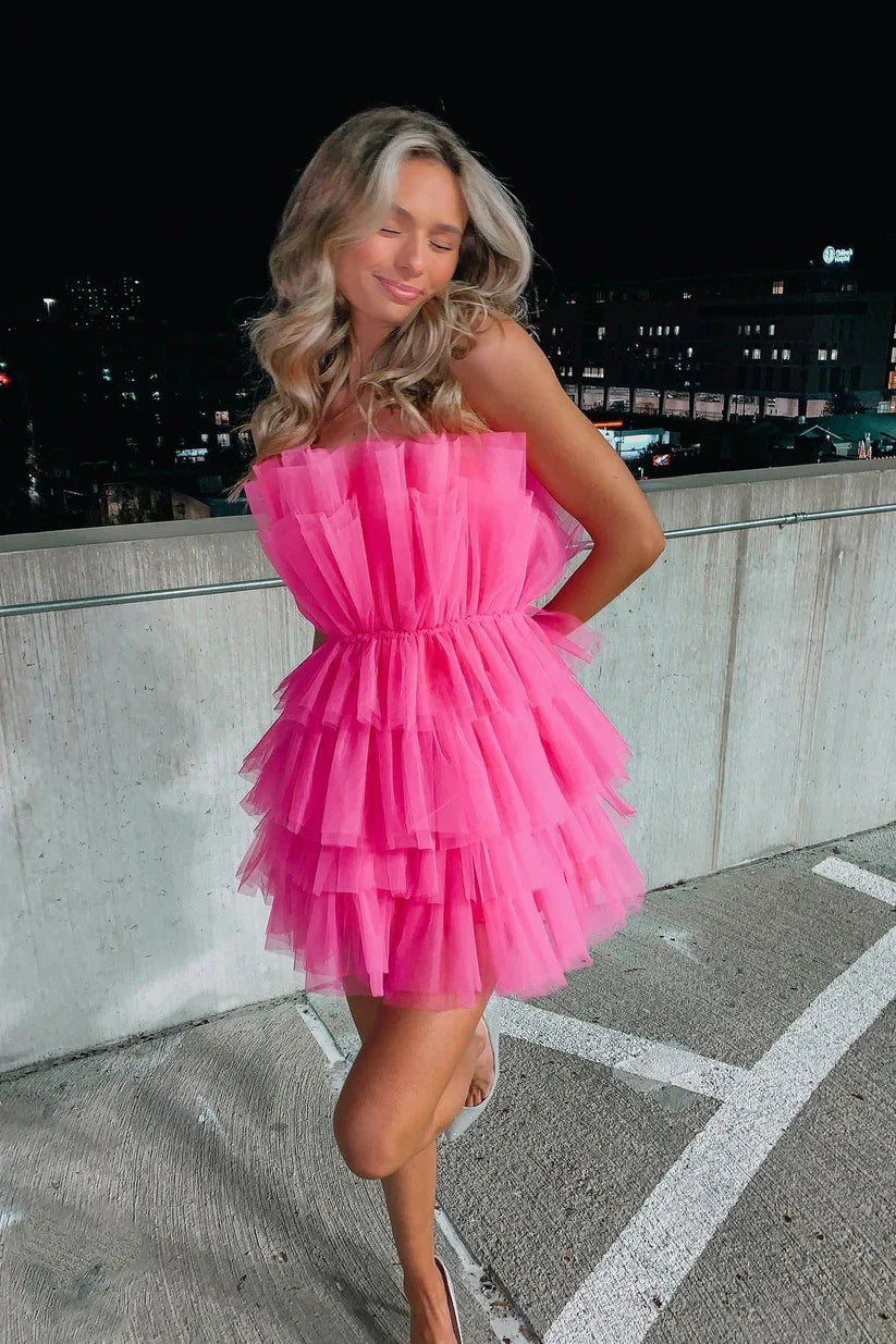 Pink Off-The-Shoulder Homecoming Dress Tulle Mini Cocktail Dress nv2233