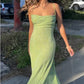 Lime Green Spaghetti Straps Ruffled Shiny Elastic Slit Tail Gradient Color Long Mermaid Ball Gown Evening Dress Party Dress nv2407