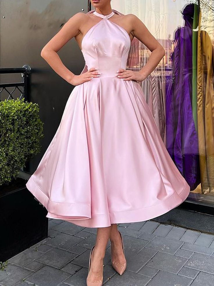 Pink Solid Sleeveless Backless Satin Bow Sweetheart Elegant A-Line Midi Ankle Length Evening Dress Wedding Guest Dress Homecoming Dress nv2512