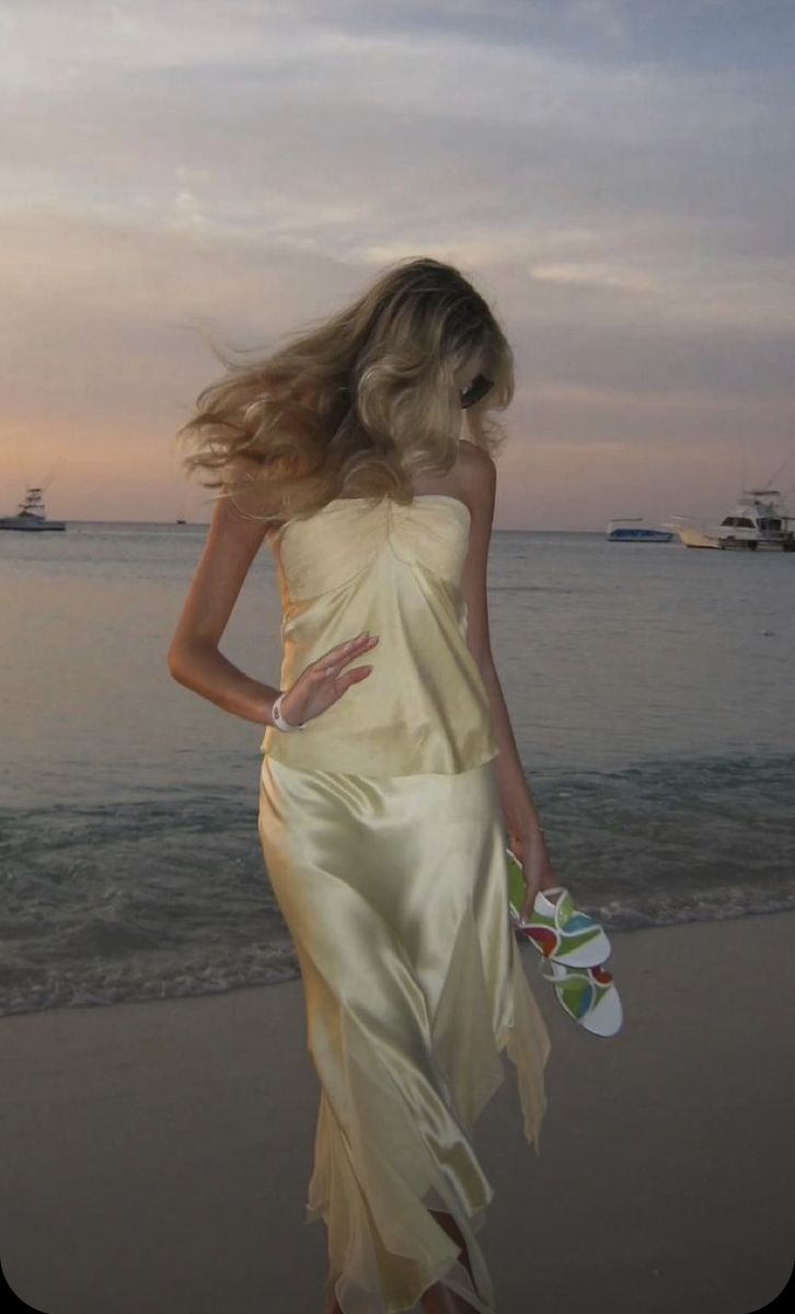 Yellow stylish elegant two-piece long satin ball gown evening dress seaside holiday party dress nv3596