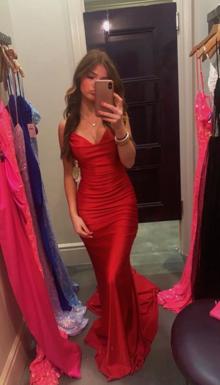 Red Sexy Spaghetti Strap V Neck Sleeveless Mermaid Satin Long Trailing Ball Gown Evening Dress Party Dress nv2455