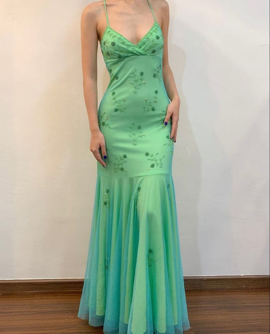 Green fashion elegant V-neck exquisite beading spaghetti straps long tulle elegant ball gown evening gown party dress nv3679