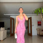 Pink Spaghetti Strap Ruffle Maxi Dress Long Party Dress Evening Dress nv2695