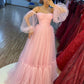 Pink Fashion Strapless Elegant Wide Sleeve Long Tulle Ball Gown Evening Dress nv3215